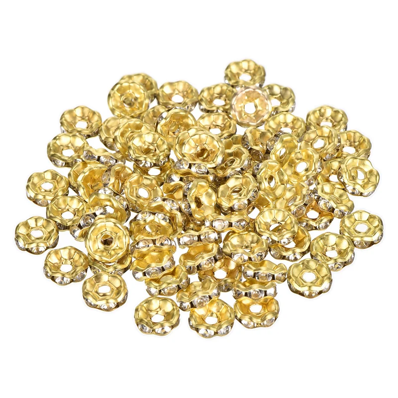 80Pcs 8mm Silver Plated Wavy Rhinestone Rondelle Spacer Beads, Gold