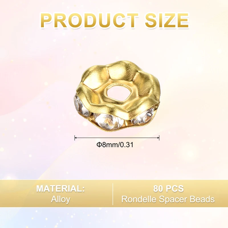 80Pcs 8mm Silver Plated Wavy Rhinestone Rondelle Spacer Beads, Gold