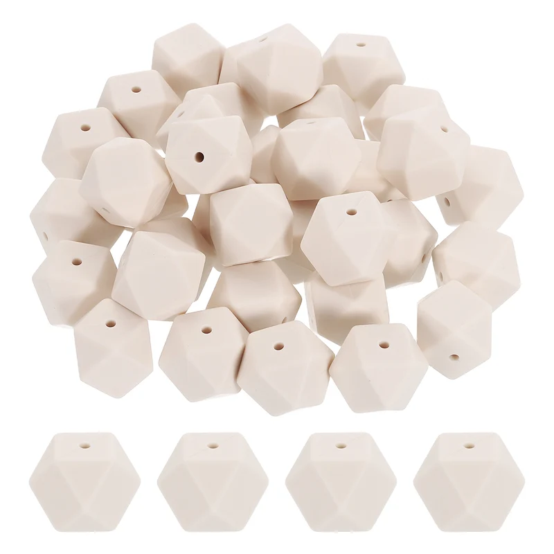 50Pcs Silicone Beads 17mm Loose Hexagon Rubber Focal Beads Beige