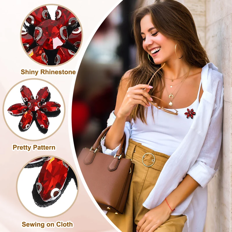 6Pcs Handmade Flower Beaded Patches Glass Crystal Appliques Red