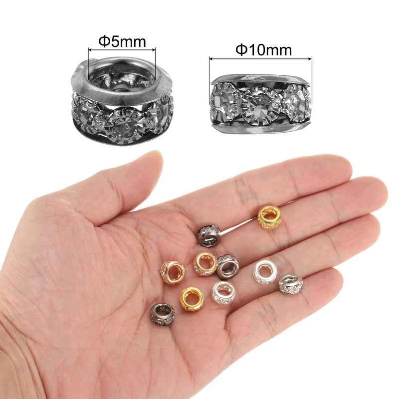 40 Pcs 10mm Large Hole Rhinestone Beads, European Bulk Spacer Bead (Black)