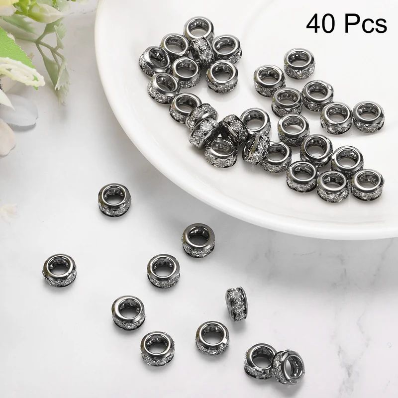 40 Pcs 10mm Large Hole Rhinestone Beads, European Bulk Spacer Bead (Black)