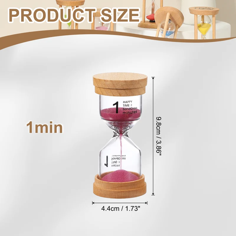 1 Minute Sand Timer, Wooden Sand Watch for Office Decor, Pink