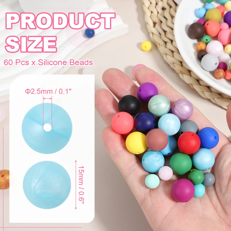 60 Pcs Silicone Beads, 15mm Bulk Beads for Keychain Making, Light Blue