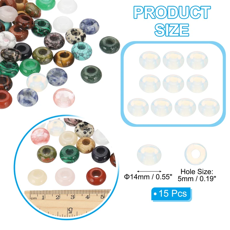 15 Pcs Natural Gemstone Beads, Large Hole Rondelle Beads Loose European Crystal Beads Pack for Jewelry Bracelet DIY Craft, 14 x 8 MM, White
