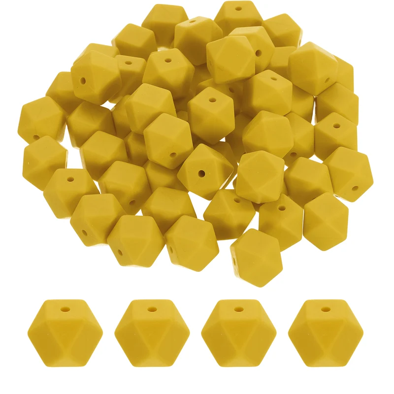 90 Pcs Silicone Beads, 14mm Loose Hexagon Rubber Focal Beads, Dark Yellow