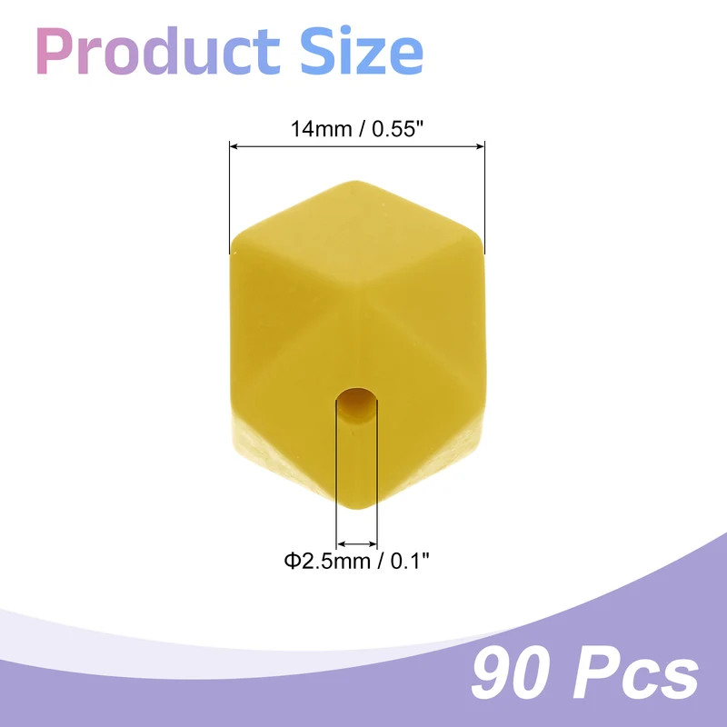 90 Pcs Silicone Beads, 14mm Loose Hexagon Rubber Focal Beads, Dark Yellow