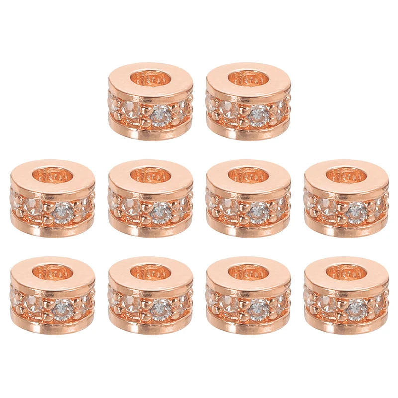 Round Ring Charm Spacer Beads, 10Pcs 6mm - Zircon Pave Bead (White - Rose Gold)
