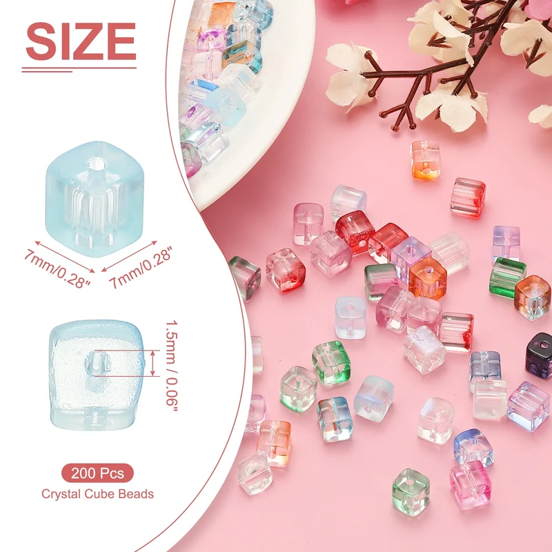 200 Pcs Crystal Cube Beads, 7mm Faceted Square Spacer Beads, Light Blue