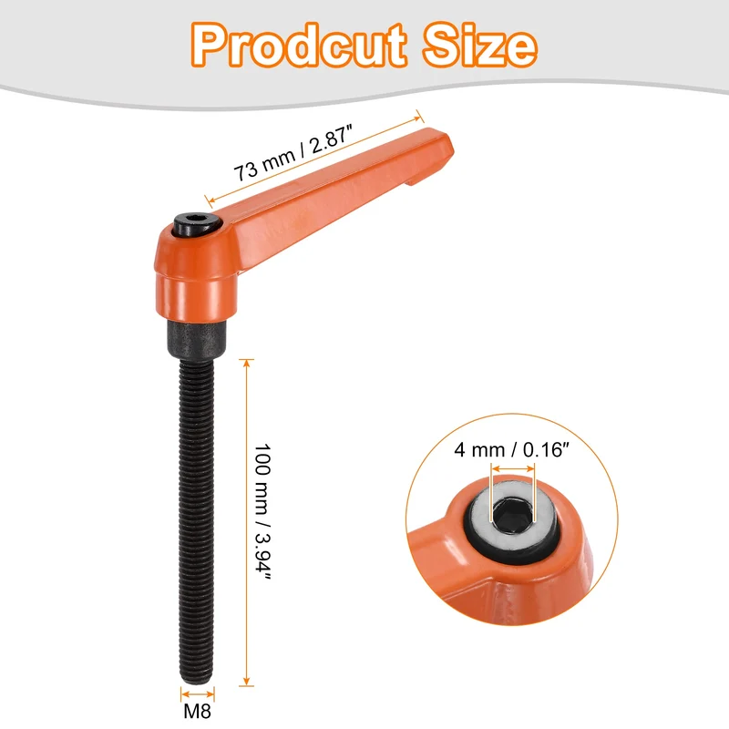 Clamping Lever Handles for Lathe, M8x100mm Male Thread Orange 4Pcs