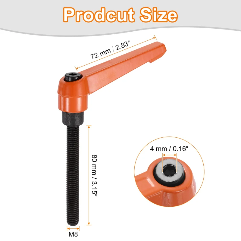 Clamping Lever Handles for Lathe, M8x80mm Male Thread Orange