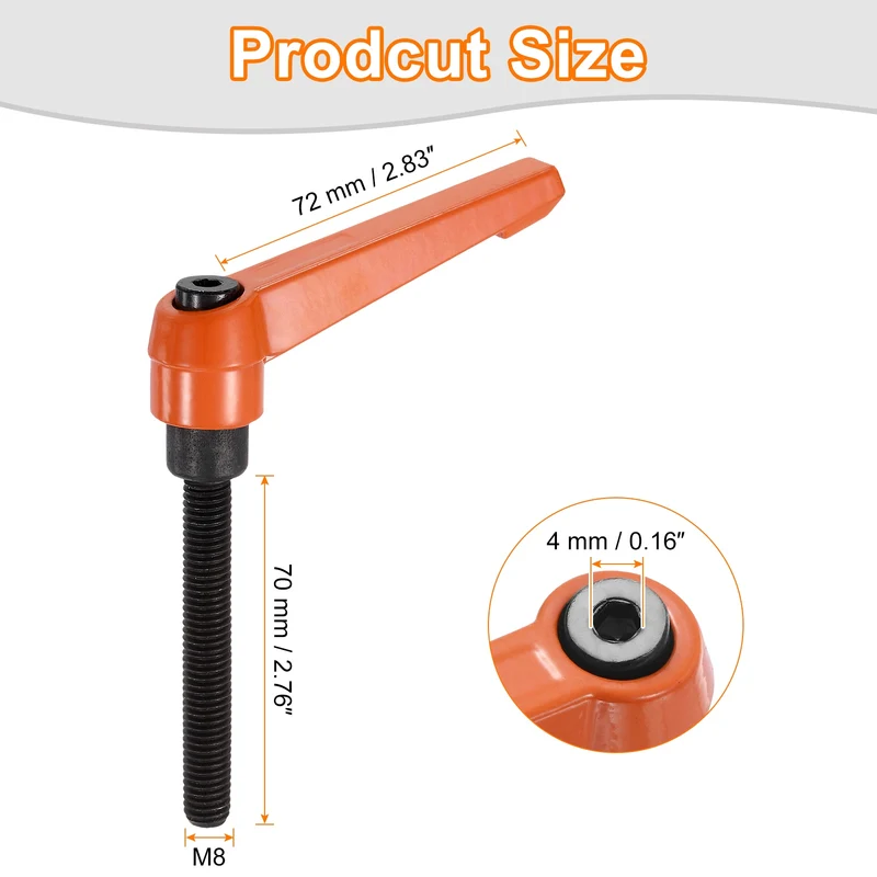 Clamping Lever Handles for Lathe, M8x70mm Male Thread Orange 4Pcs