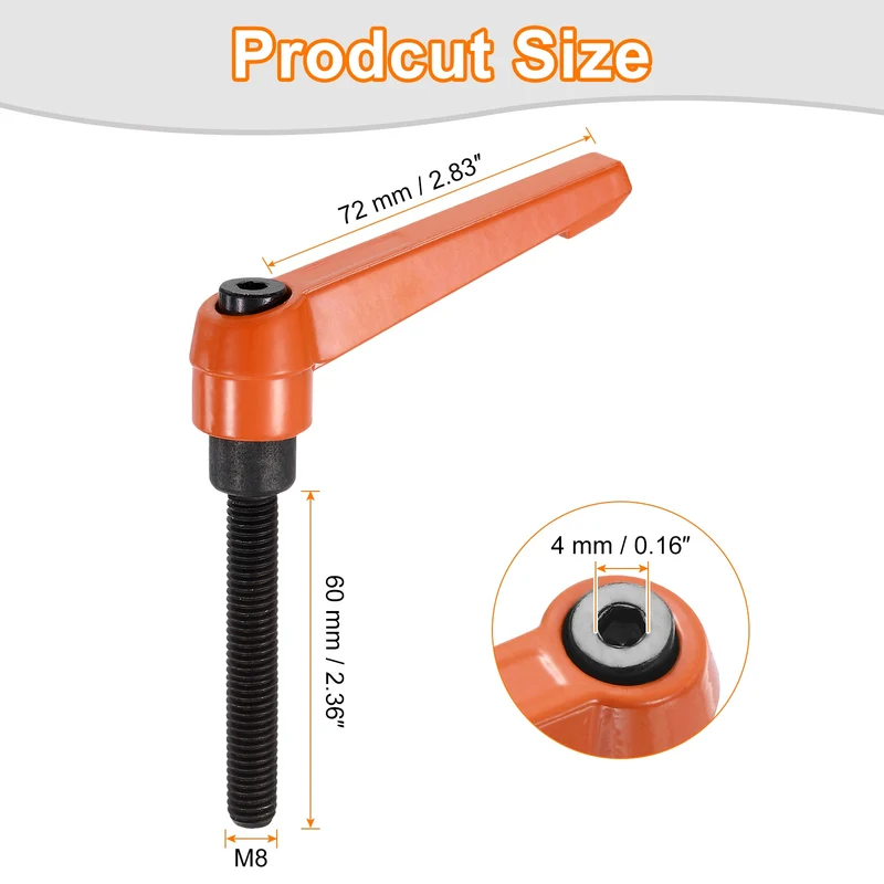 Clamping Lever Handles for Lathe, M8x60mm Male Thread Orange 4Pcs
