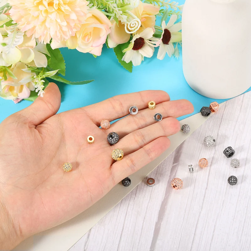 Round Ring Charm Spacer Beads, 10Pcs 8mm - Zircon Pave Bead (White - Rose Gold)