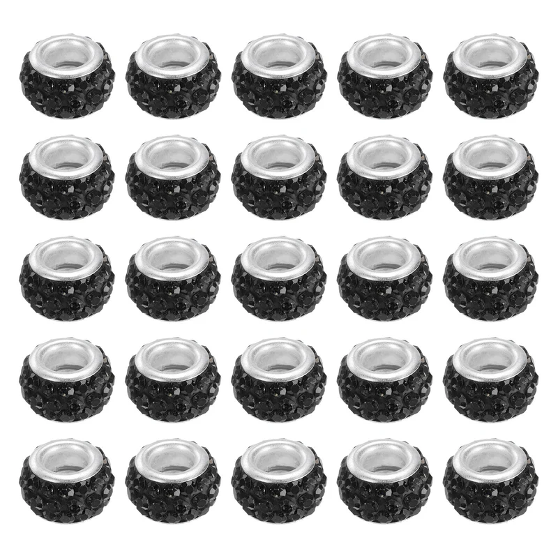 60Pcs 12mm Rhinestone European Beads Large Hole Crystal Beads Black