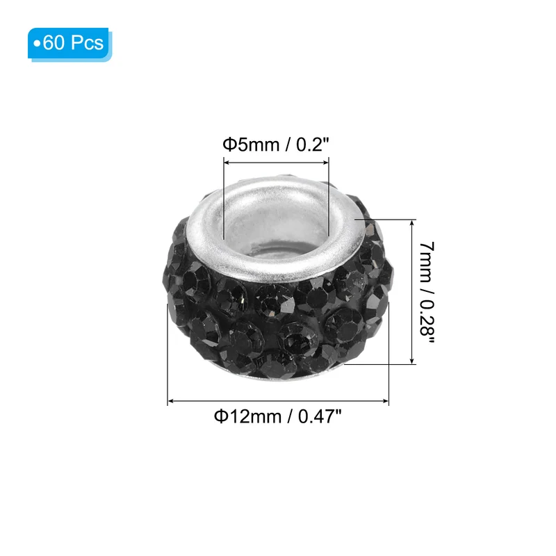 60Pcs 12mm Rhinestone European Beads Large Hole Crystal Beads Black