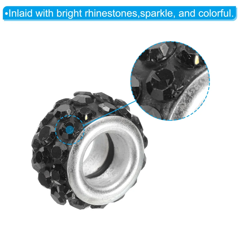 60Pcs 12mm Rhinestone European Beads Large Hole Crystal Beads Black