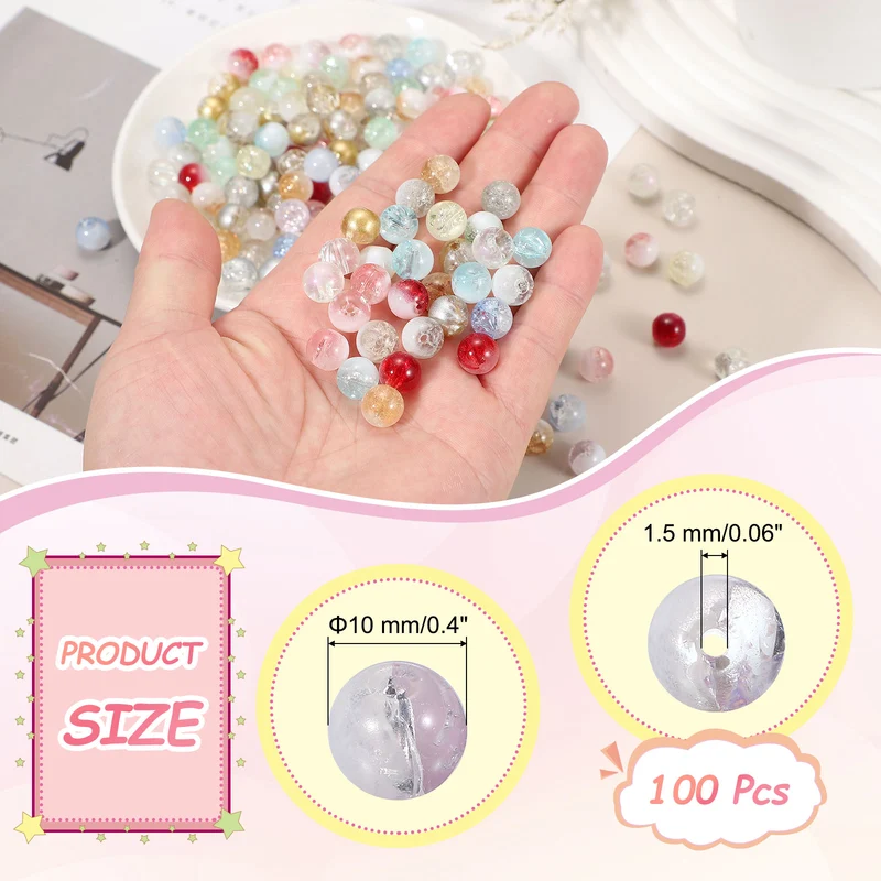 100 Pcs Crackle Glass Beads for Jewelry Making, 10mm Round Beads, Purple