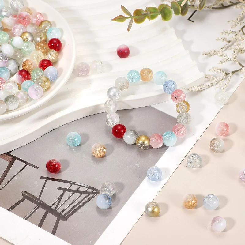 100 Pcs Crackle Glass Beads for Jewelry Making, 10mm Round Beads, Purple