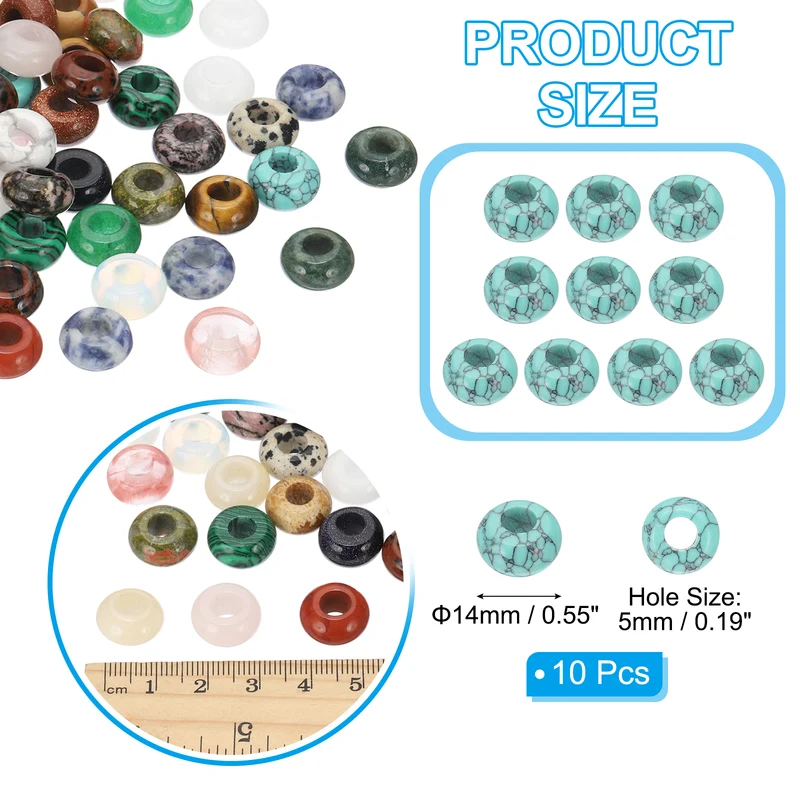 10 Pcs Natural Gemstone Beads, Large Hole Rondelle Beads Loose European Crystal Beads Pack for Jewelry Bracelet DIY Craft, 14 x 8 MM, Turquoise