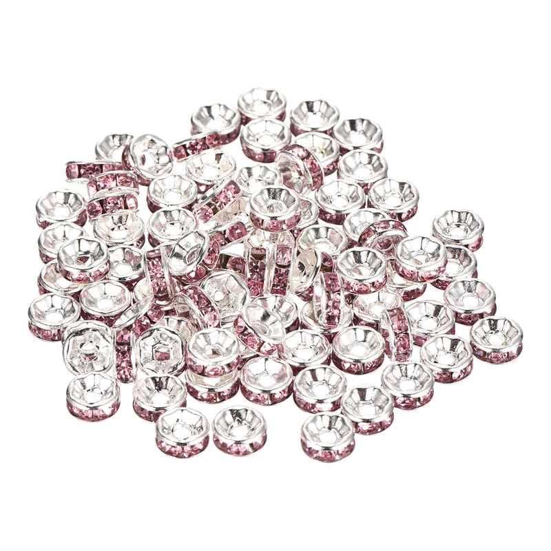 80Pcs 6mm Silver Plated Rhinestone Rondelle Spacer Beads, Light Pink