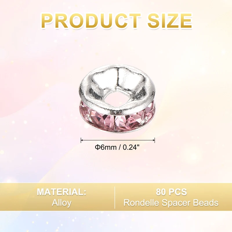 80Pcs 6mm Silver Plated Rhinestone Rondelle Spacer Beads, Light Pink