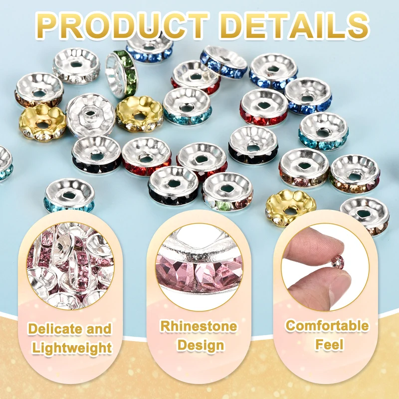 80Pcs 6mm Silver Plated Rhinestone Rondelle Spacer Beads, Light Pink