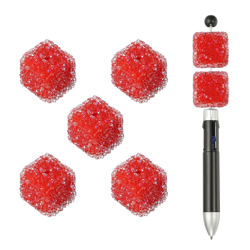 5 Pcs Square Rhinestone Beads for Pens, 17mm Sugar Beads for DIY, Red