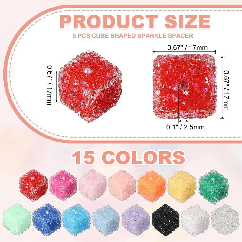 5 Pcs Square Rhinestone Beads for Pens, 17mm Sugar Beads for DIY, Red