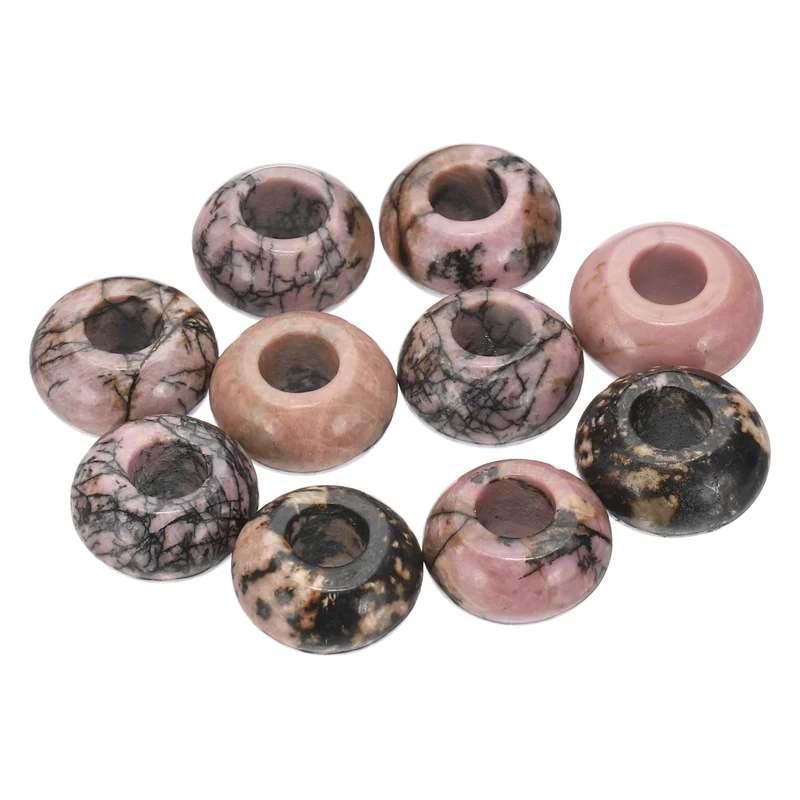 10 Pcs Natural Gemstone Beads, Large Hole Rondelle Beads Loose European Crystal Beads Pack for Jewelry Bracelet DIY Craft, 14 x 8 MM, Pink Black