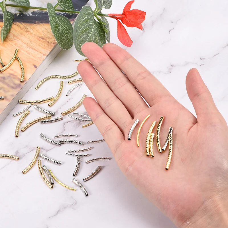 40Pcs Brass Curved Tube Beads, 2x20mm Noodles Spacer Bead, Light Golden