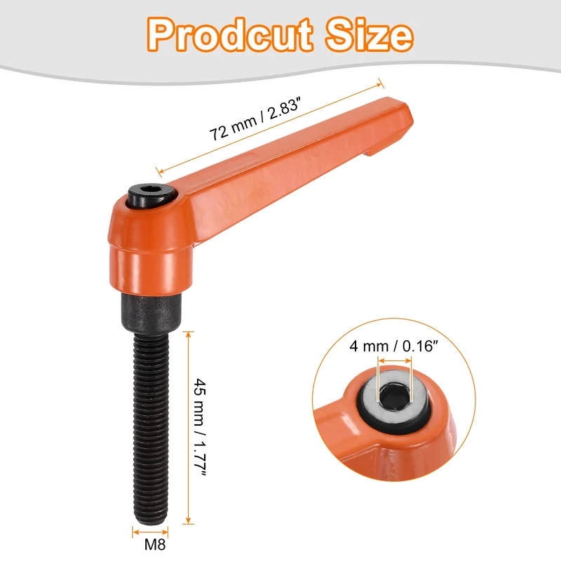 Clamping Lever Handles for Lathe, M8x45mm Male Thread Orange 2Pcs