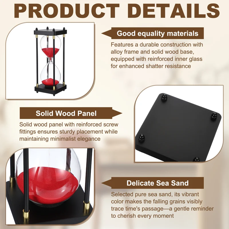 Large Decorative Sand Timer, 60 Min Modern Wooden Hour Glass, Red(Style 1)