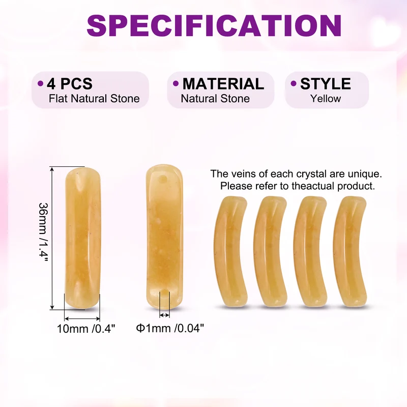 4 Pcs Natural Stone, 36 x 10 mm Natural Curved Clear Quartz Stone Crystal Handmade Jade Flat Beads for DIY Crafting, Yellow