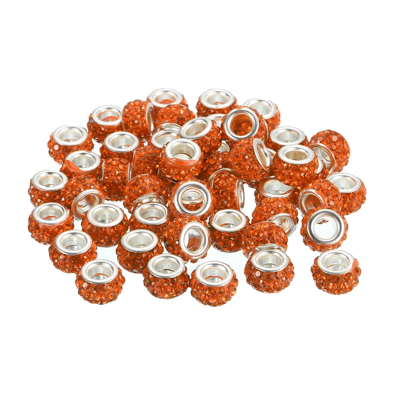 50Pcs European Large Hole Beads, Rhinestone Craft Beads, Orange