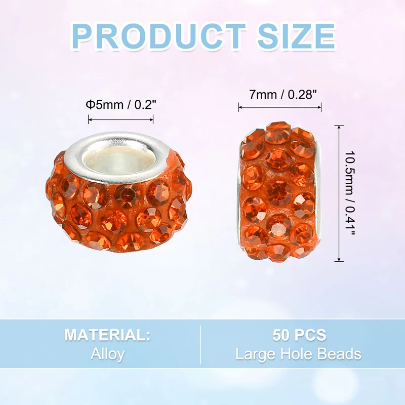 50Pcs European Large Hole Beads, Rhinestone Craft Beads, Orange