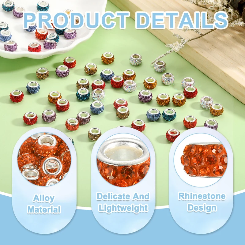 50Pcs European Large Hole Beads, Rhinestone Craft Beads, Orange