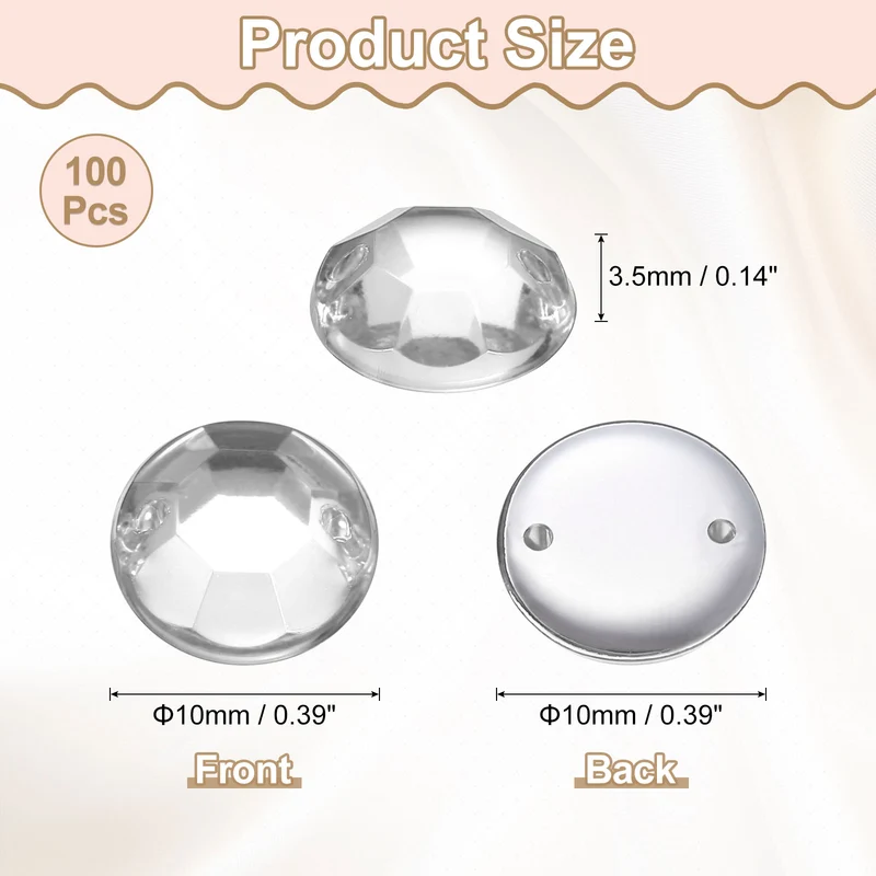 100Pcs Flat Back Sew on Rhinestones Beads, 10mm Crystal Round Gems, Clear