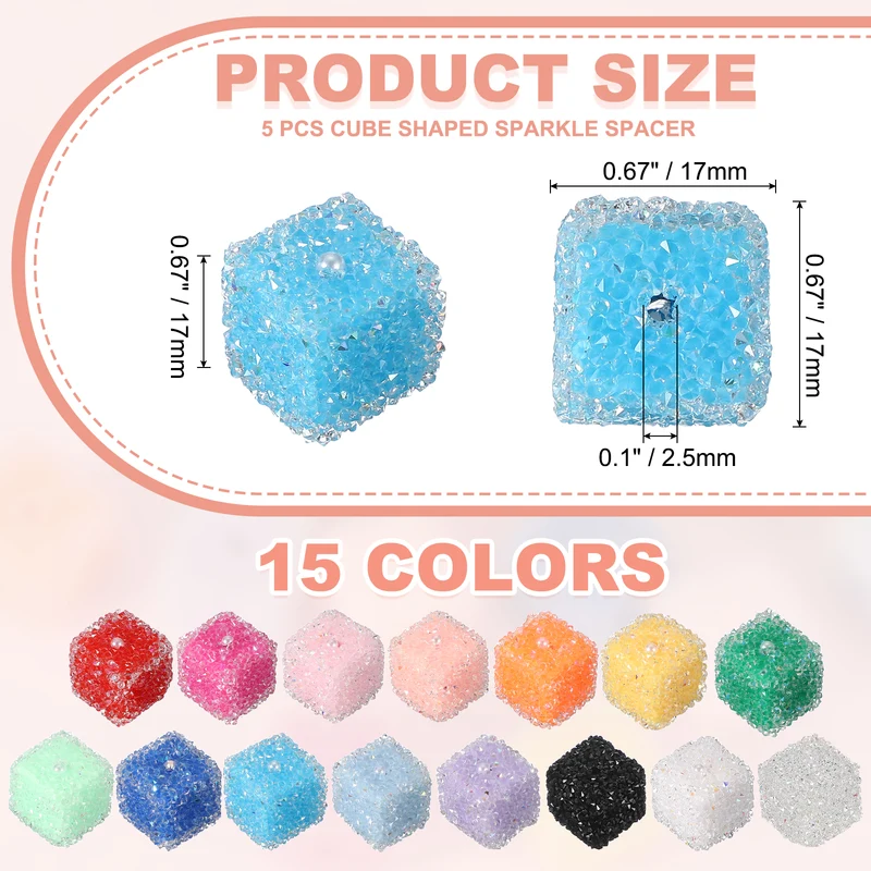 5 Pcs Square Rhinestone Beads for Pens, 17mm Sugar Beads for DIY, Sky Blue
