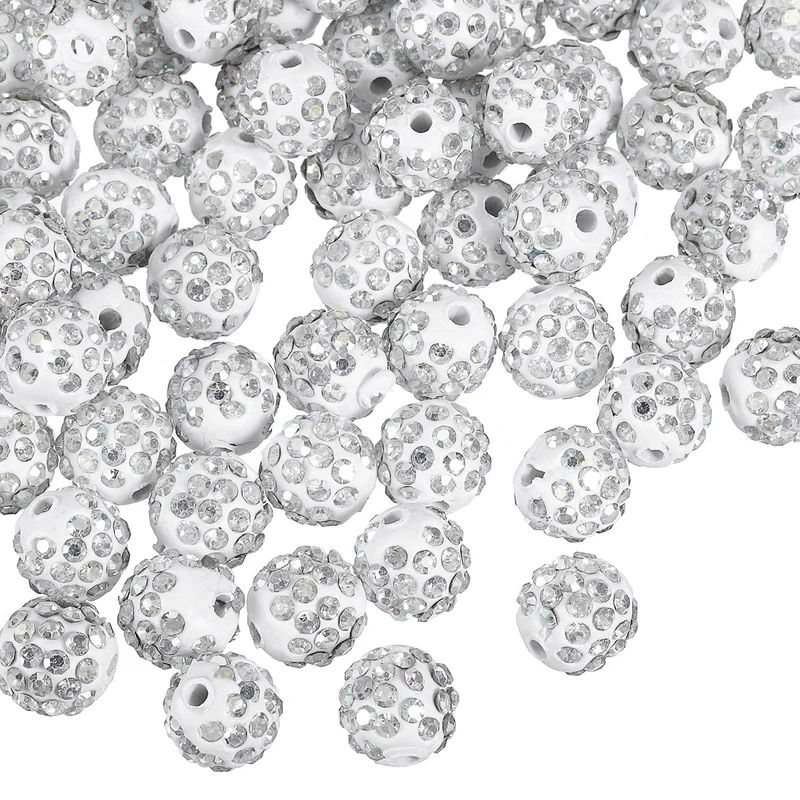 100Pcs 10mm Rhinestone Clay Beads, Polymer Clay Crystal Bead (White)