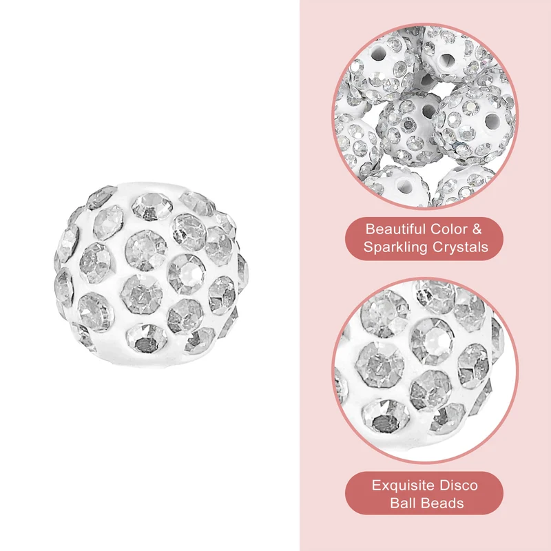 100Pcs 10mm Rhinestone Clay Beads, Polymer Clay Crystal Bead (White)