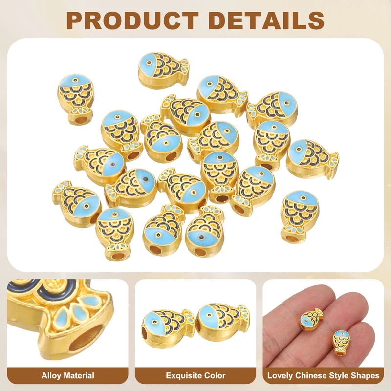 Gold Fish Beads, 20 Pcs Enamel Charm Beads Chinese Style, Blue