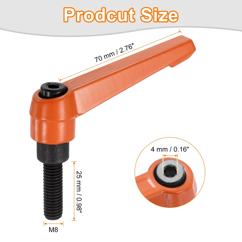 Clamping Lever Handles for Lathe, M8x25mm Male Thread Orange 4Pcs