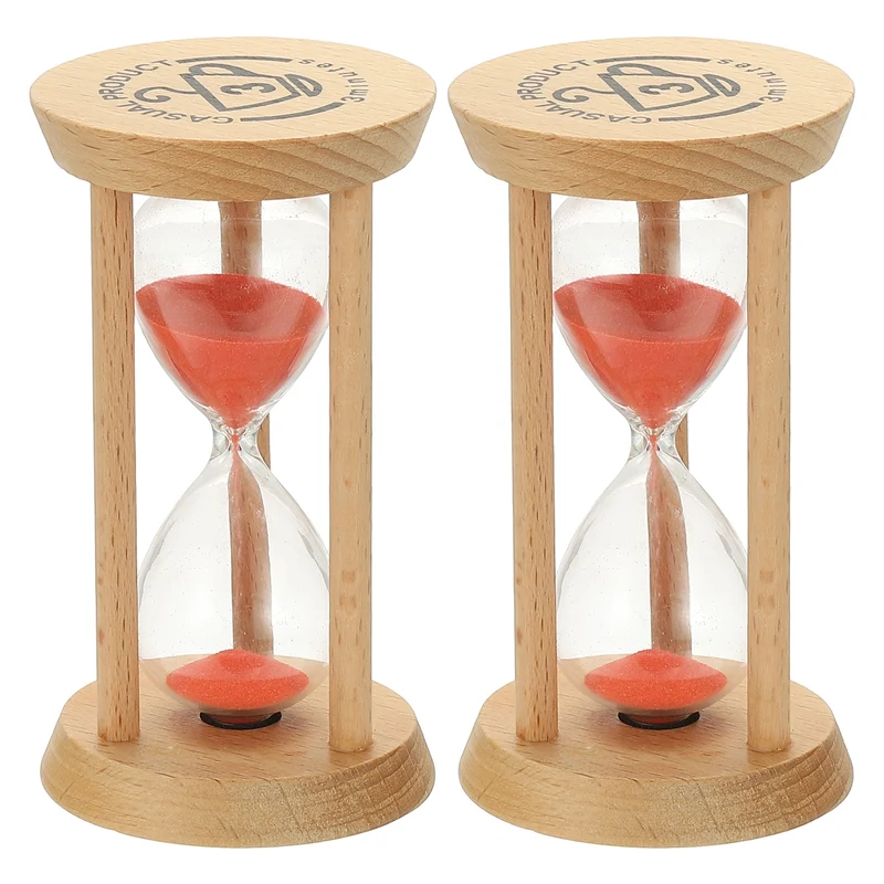2Pcs 3 Minutes Sand Timer, Wooden Sand Watch for Home, Red