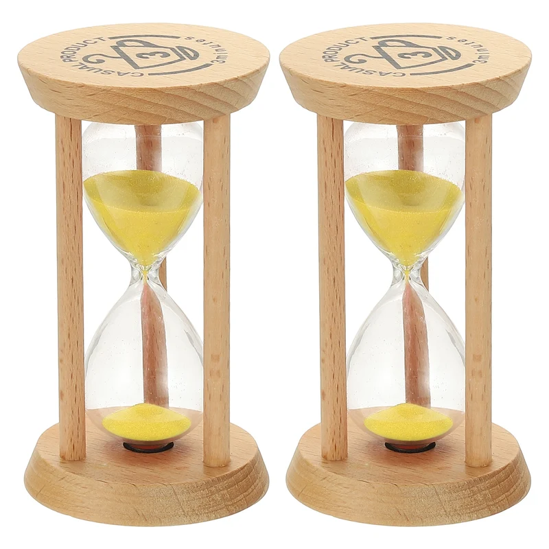 2Pcs 3 Minutes Sand Timer, Wooden Sand Watch for Home, Yellow