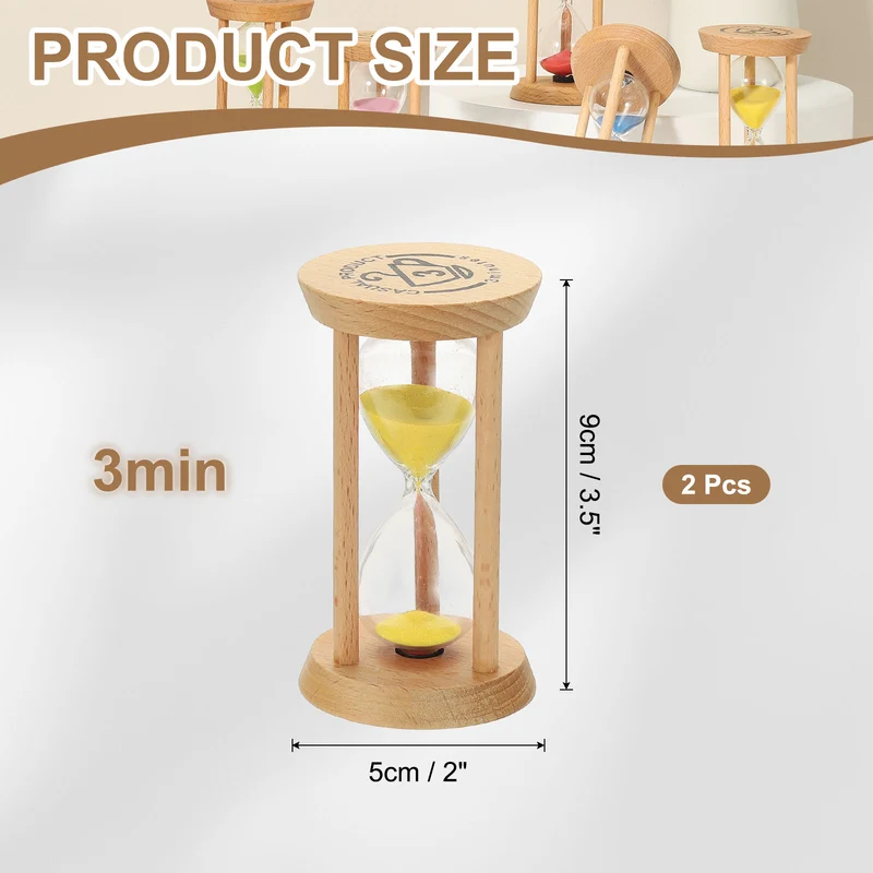 2Pcs 3 Minutes Sand Timer, Wooden Sand Watch for Home, Yellow