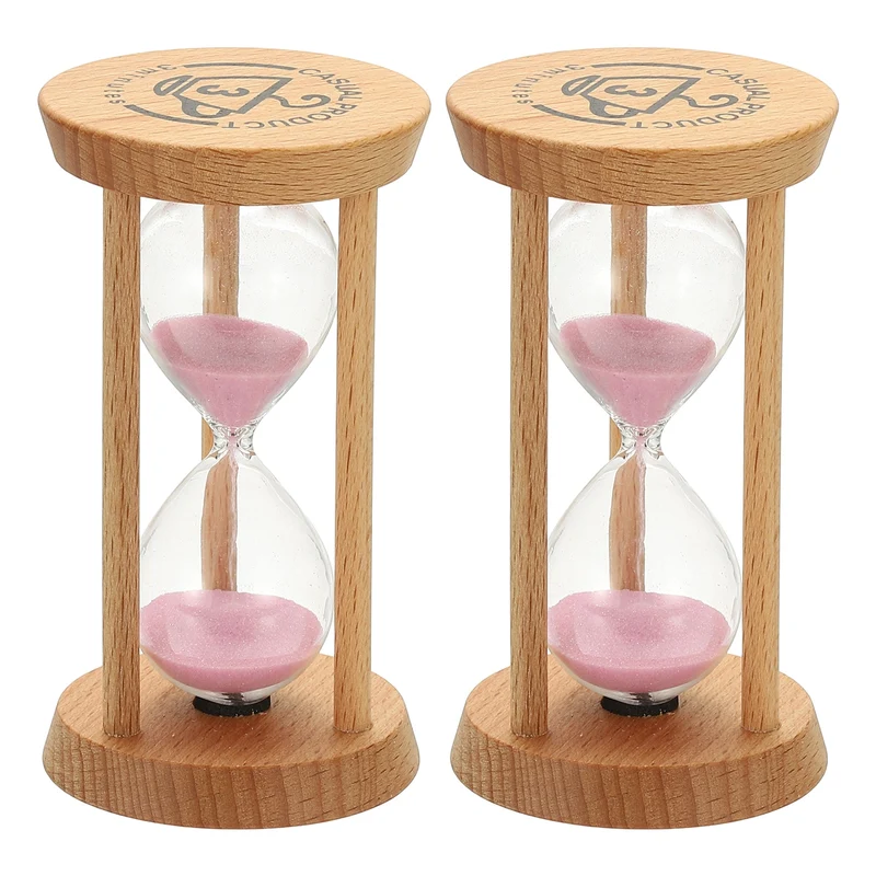 2Pcs 3 Minutes Sand Timer, Wooden Sand Watch for Home, Pink