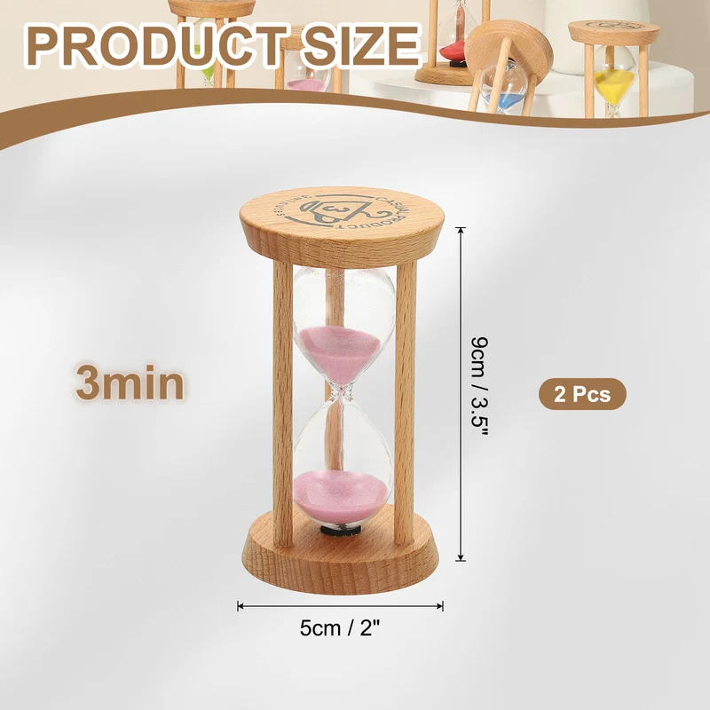 2Pcs 3 Minutes Sand Timer, Wooden Sand Watch for Home, Pink