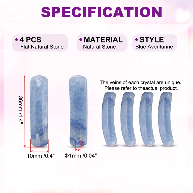 4 Pcs Natural Stone, 36 x 10 mm Natural Curved Clear Quartz Stone Crystal Handmade Jade Flat Beads for DIY Crafting, Blue Aventurine