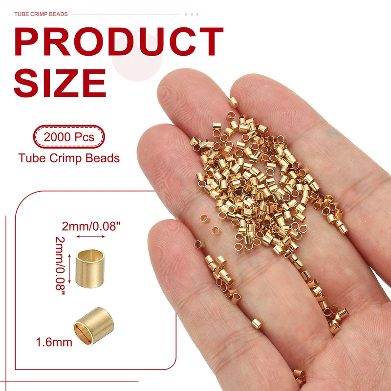 2000 Pcs Tube Crimp Beads, 2x2mm Crimp Beads for Jewelry Making, Light Gold